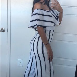 Navy & White striped off the should jumpsuit